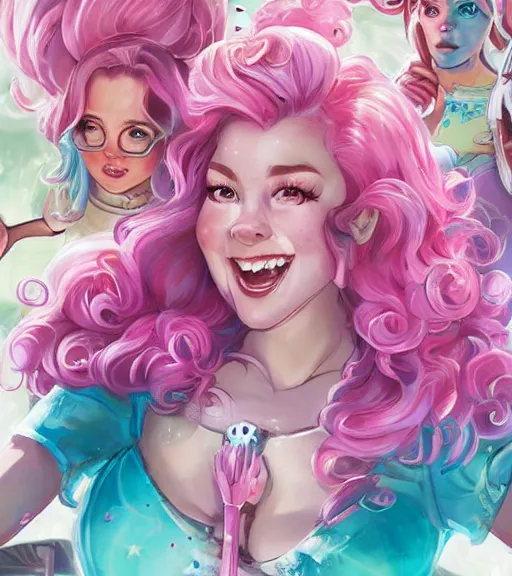 Prompt: humanized pinkie pie throws a party, a plus sized!!! white girl with curly pink hair and freckles throws a party, extremely energetic, very fun, laughter, art by stanley lau, artgerm, rossdraws, ross tran, sakimichan, cyarine, beautiful art