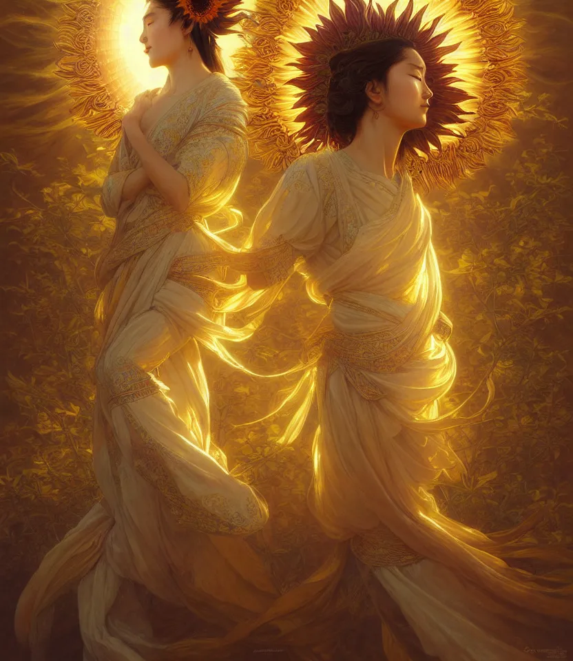 Prompt: sacred sunflowers, mongolian goddess, emiting mystical light, intricate, elegant, highly detailed, my rendition, digital painting, artstation, concept art, smooth, sharp focus, radiant light, illustration, art by artgerm and greg rutkowski and alphonse mucha