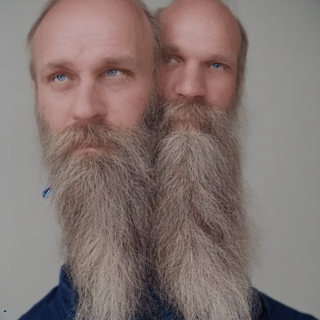 Image similar to color 35mm film still of a balding, middle aged blond man with a full blond beard and dark blue eyes, figure portrait