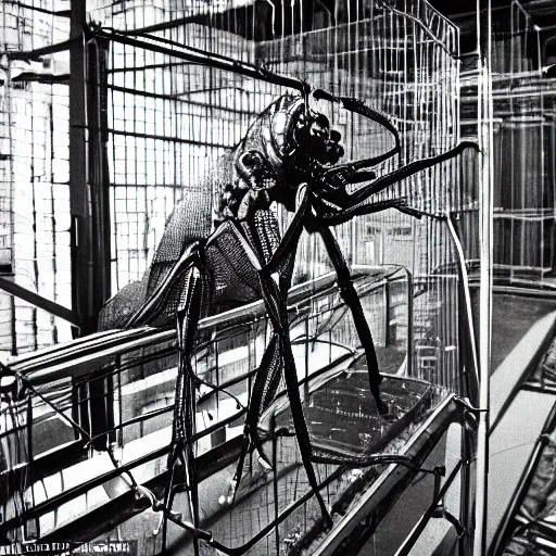 Prompt: scientists studying mantis locked in a cage in a warehouse, 1 9 8 0's scifi, 8 k, highly ornate intricate details, extreme detail, punk xerox, lofi