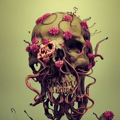 Image similar to a human Skull mutating into flowers, tentacles, unnatural shapes, jellyfish tentacles reaching out, coherent human Skull, insect, chaotic octane render, 3d digital art by beeple, unreal engine 5, award winning,