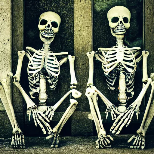 Prompt: Two grunge skeletons of lovers, sitting on a park bench for a very long time, holding by their hands, starting to decay, partially covered with dust, moss, dirt and spider webs, cinematic lighting, photo realistic image, super detailed, cinematic look H 1024