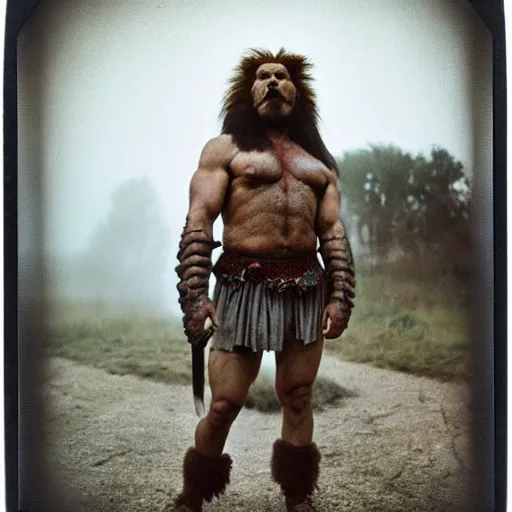 Image similar to muscular oversized lion barbarian warrior with metal chest plate in a village, Cinematic focus, Polaroid photo, vintage, neutral colors, soft lights, foggy, by Steve Hanks, by Serov Valentin, by lisa yuskavage, by Andrei Tarkovsky