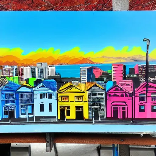 Prompt: wellington new zealand capital spray paint art, detailed buildings, colorful, 8 k, hd.