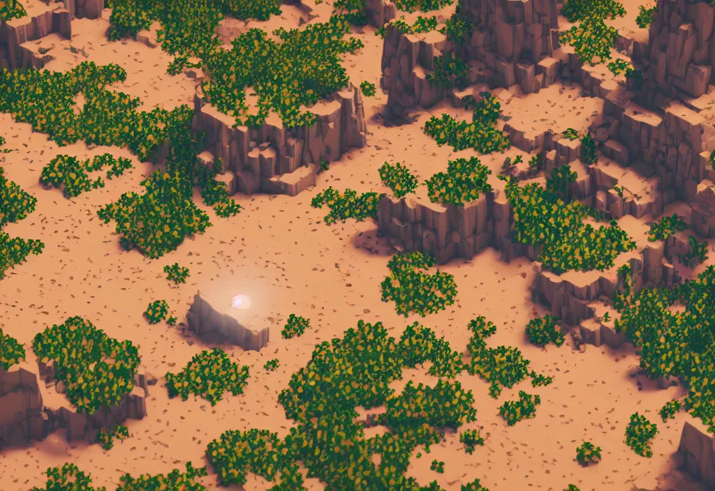 Image similar to isometric magicavoxel white canyon open field no mans sky cinematic lighting, 4k