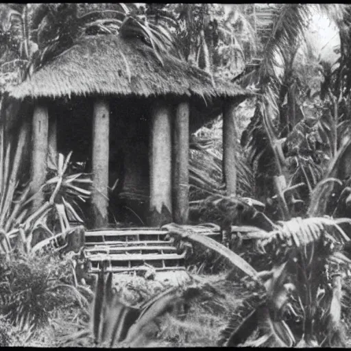 Image similar to lost film footage of a sacred ( ( ( indigenous ) ) ) artifact in the middle of the ( ( ( ( ( ( ( ( ( ( tropical jungle ) ) ) ) ) ) ) ) ) ) / ethnographic object / film still / cinematic / enhanced / 1 9 0 0 s / black and white / grain