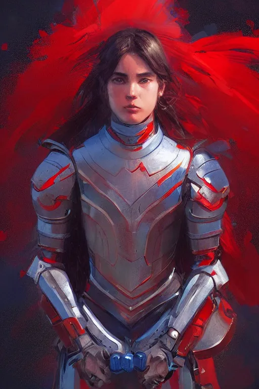 Prompt: red and blue armor, portrait, armor girl, beautiful eyes and face, high detail, concept art, digital art, art of greg rutkowski, trending on artstation, trending on deviantart, 4 k,