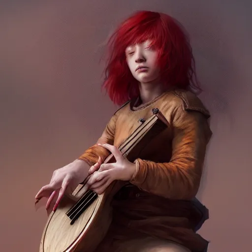 Image similar to red hair boy playing a lute in an inm, dramatic, intricate, elegant, highly detailed, digital painting, artstation, concept art, smooth, sharp focus, illustration, octane render, art by Leesha Hannigan, Ross Tran, Thierry Doizon, Kai Carpenter, Ignacio Fernández Ríos