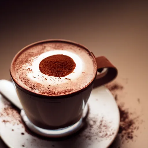 Prompt: food photography of hot chocolate drink in tall glass with cream on top and cocoa powder, canon macro lens, moody lighting