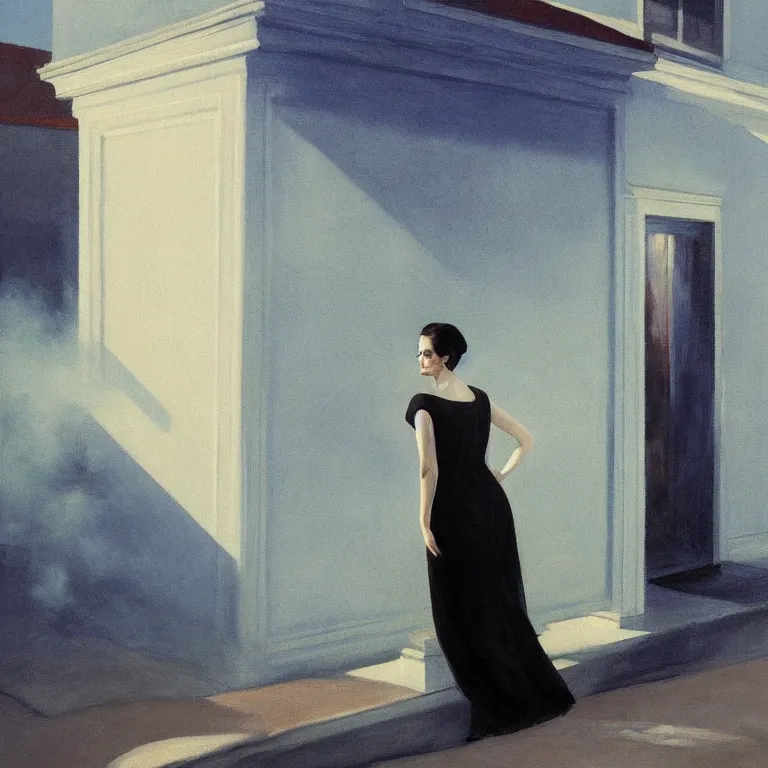 Image similar to Eva Green on a roof, fog, early morning, , painted by Edward Hopper, painted by Wayne Barlow, airbrush