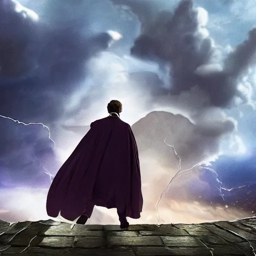 Image similar to Harry potter upright and levitating , back view, thunderclouds, cinematic shot, epic scale, waving robe movement, wand, photorealistic detail and quality, intricate ground stone, movie still, nighttime, crescent moon, sharp and clear, action shot, intense scene, visually coherent, symmetry, rule of thirds, movement, vivid colors, cool colors transitioning to warm colors, award winning, directed by Steven Spielberg, Christopher Nolan, Tooth Wu, Asher Duran, Greg Rutkowski