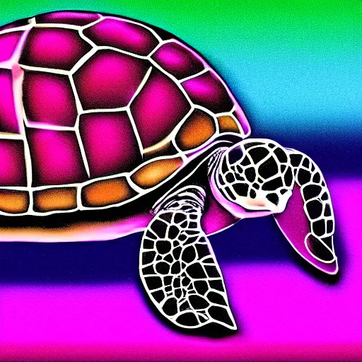 Image similar to turtle portrait, 8 0 s synch, wave, neon