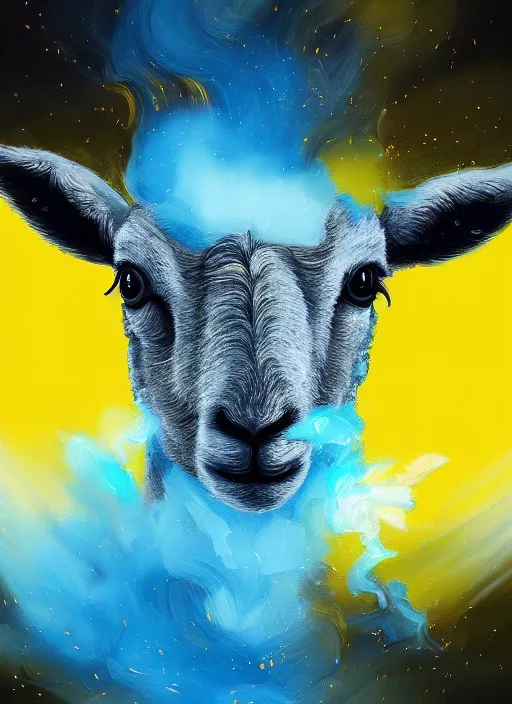 Image similar to a painting of a lamb's face with blue and yellow smoke coming out of, wearing an ornate crown, a digital painting by petros afshar, behance contest winner, digital art, behance hd, digital illustration, digital painting