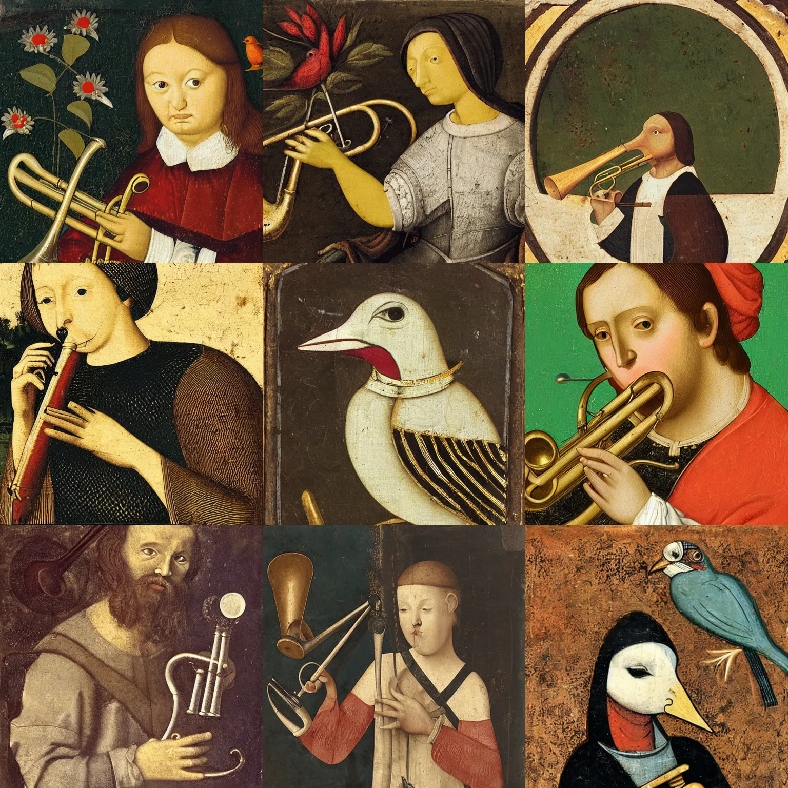 Prompt: bird with trumpet, sitting in the garden, medieval portrait, close up