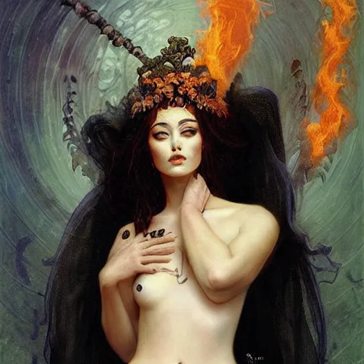 Prompt: a masterpiece full body portrait a beautiful Persephone, queen of the underworld in Hades, beautiful face, flawless skin, flames and smoke in background, by Edgar Maxence and Ross Tran and Michael Whelan