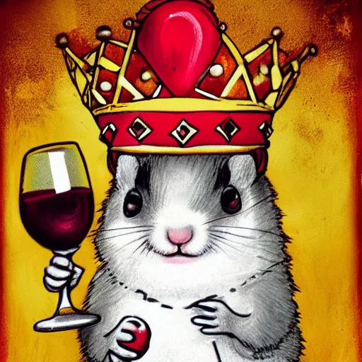 Prompt: a graffiti of a hamster wearing a golden crown and holding a glas of wine, by swiftmantis