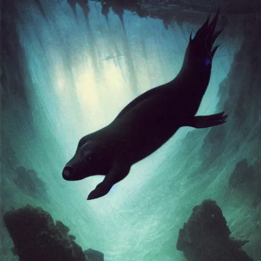 Prompt: An underwater photo of a demonic platypus swimming towards the camera out of the darkness, underwater cam, artstation, fantasy, concept art, dark, moonlight, incredible, smooth, sharp focus, illustration, art by greg rutkowski and orientalism and bouguereau and Zdzislaw Beksinski, good clear quality, lighting, biology, symmetrical artwork, perfect face, 135 mm, cinematic, hyper realism, high detail, octane render, 8k, blue and green accents