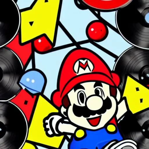 Image similar to svg sticker of a Pop-Wonder SuperMario, Mario-Wearing-a-red-hat, at a rave, spinning records, giant headphones rocking out, wearing headphones, huge speakers, dancing, rave, DJ, spinning records, digital art, amazing composition, rule-of-thirds, award-winning, trending on artstation, featured on deviantart