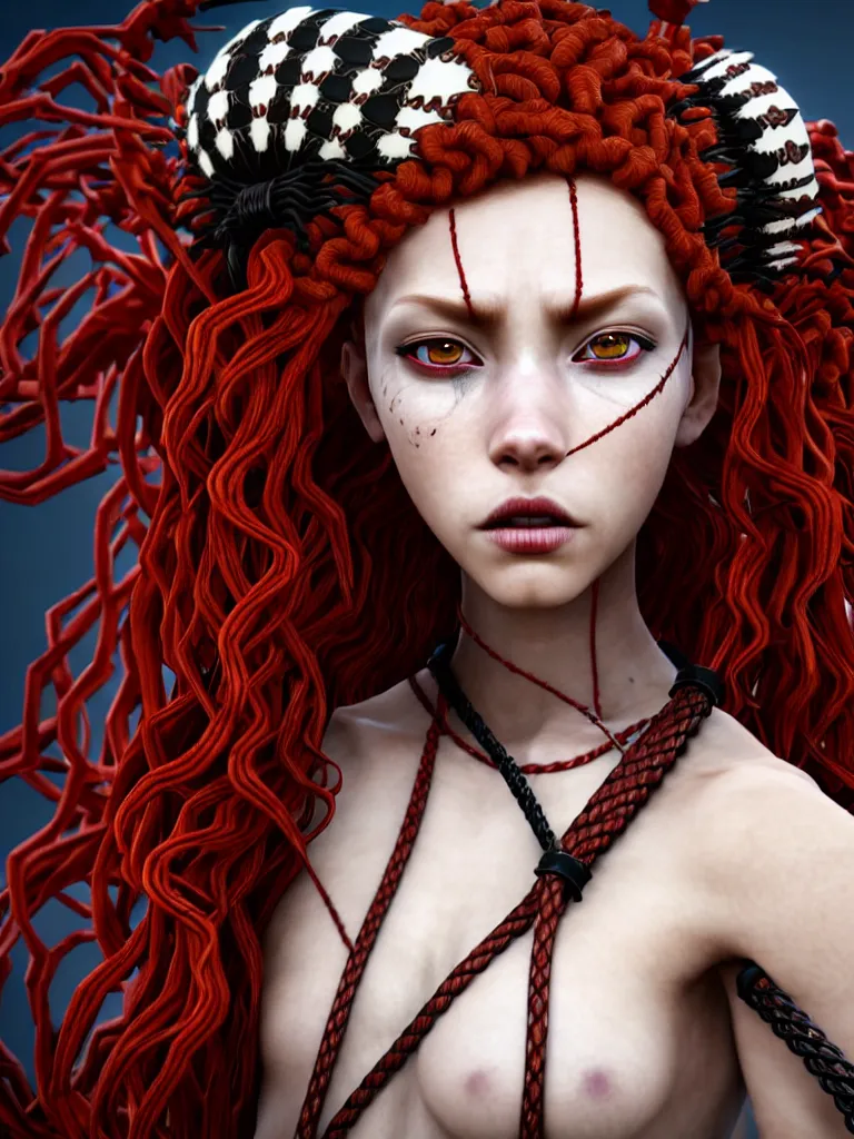 Image similar to a single fierce looking beautiful young woman with curly red hair and symmetrical white makeup, tied up with black rope, wearing an intricate headdress made from bones and leather, painted by makoto shinkai, studio ghibli, intricate linework, unreal engine 5 highly rendered, global illumination, radiant light, detailed and intricate environment