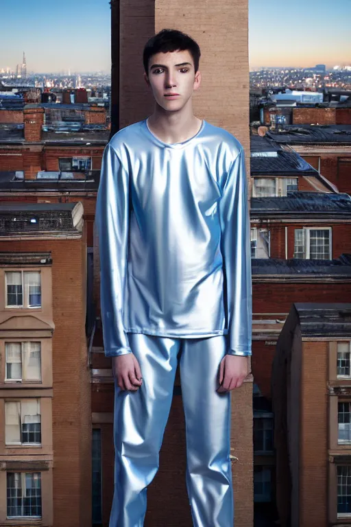 Prompt: un ultra high definition studio quality photographic art portrait of a young man standing on the rooftop of a british apartment building wearing soft baggy padded silver iridescent pearlescent clothing. three point light. extremely detailed. golden ratio, ray tracing, volumetric light, shallow depth of field. set dressed.