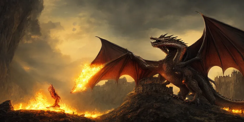 Prompt: an environmental concept art of a highly detailed dragon breathing fire on a castle, game of thrones, environmental light, cinematic by francis tneh