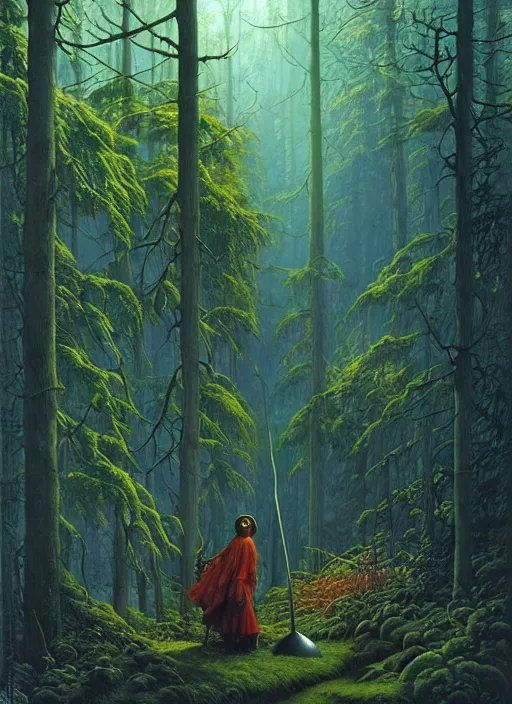 Image similar to hyper realistic witch modem with mood lighting and tech in the woods gorgeous lighting, blue sky, highly detailed, lush forest foliage painting by zdzisław beksinski and norman rockwell and greg rutkowskiweta studio, and lucasfilm