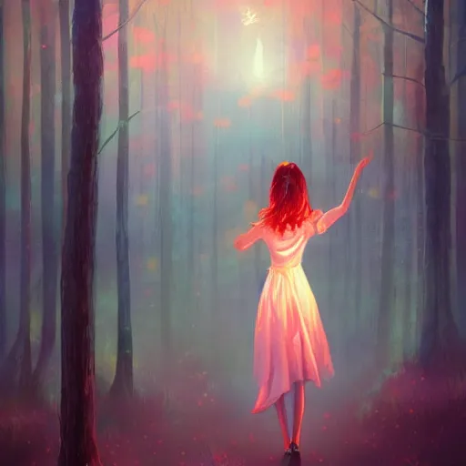 Prompt: Whimsical beautiful painting of a girl facing away, looking towards a glowing forest full of fireflies, cgsociety, trending on artstation