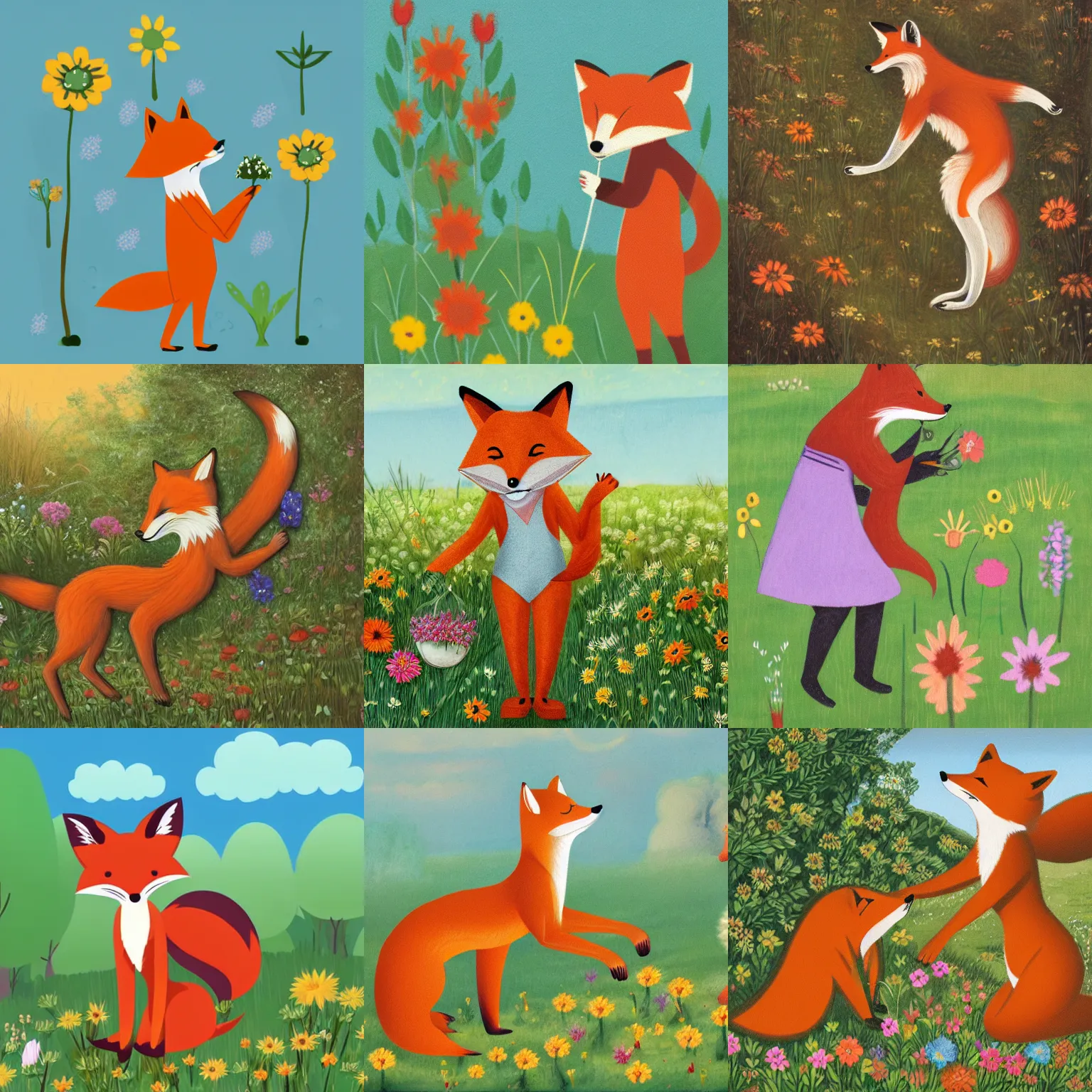 Prompt: Anthropomorphic fox-woman picking flowers in a meadow