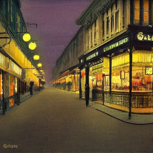 Prompt: Lygon Street, Carlton at night in the style of John Atkinson Grimshaw