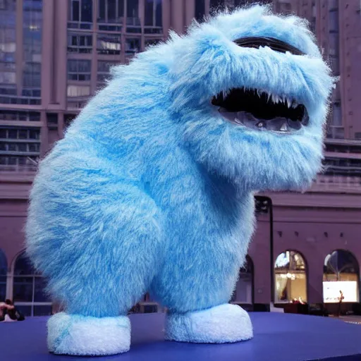 Prompt: nike fluffy monster made of very fluffy blue faux fur placed on reflective surface, professional advertising, overhead lighting, heavy detail, realistic by nate vanhook, mark miner