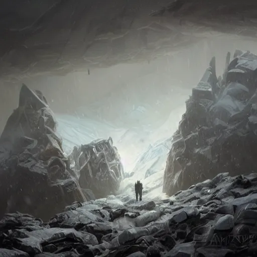 Prompt: strange ruins, at the mountains of madness, antarctic mountains, painted by seb mckinnon, high detail, dramatic light, antarctic mountains, digital art, painted by greg rutkowski, promotional movie posterart, trending on artstation