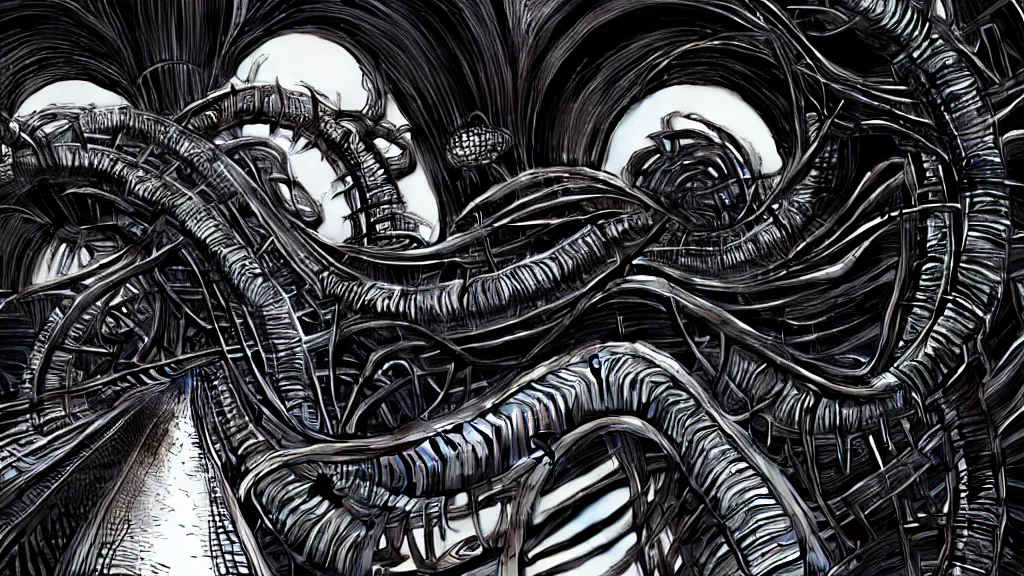 Image similar to comfortable rollercoaster, hyperdetailed, artstation, cgsociety, style of Giger, H. R. GIGER, style of Junji Ito, 4K, highly detailed, minimalistic, minimalistic, minimalistic, fine tuned, machina