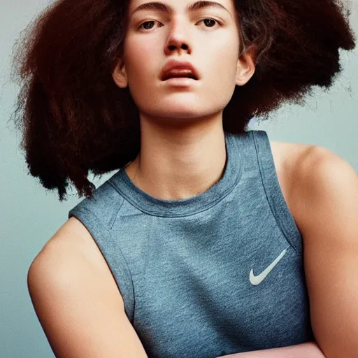 Image similar to realistic! photoshoot for a new nike lookbook, color film photography, portrait of a beautiful woman, in style of alasdair mclellan, 35mm