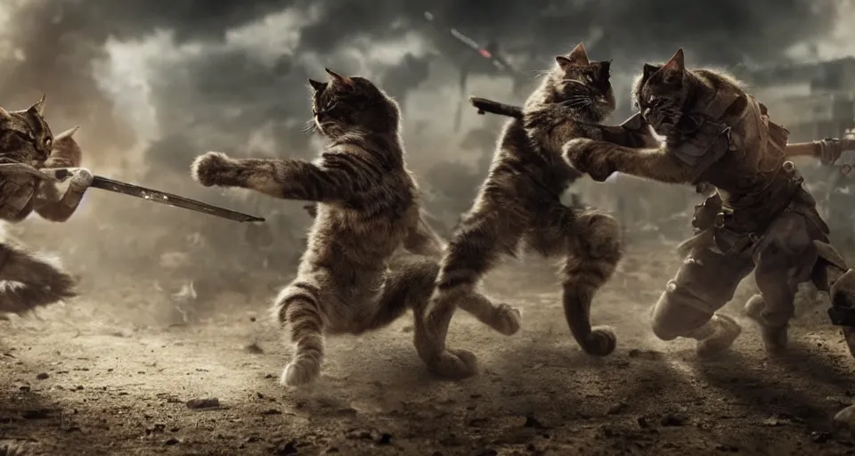 Image similar to epic battle scene cats versus humans, the last stand, Epic Background, highly detailed, sharp focus, 8k, 35mm, cinematic lighting