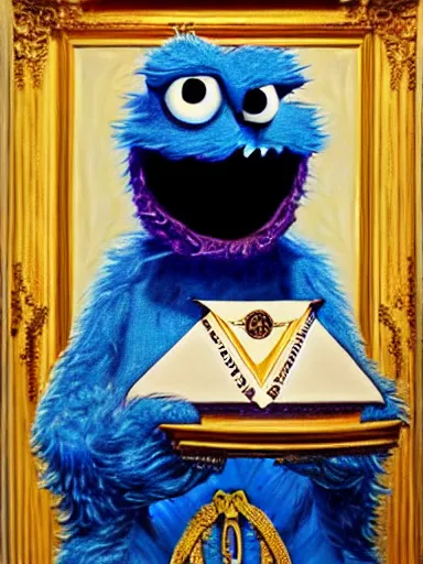 Prompt: A Masonic Portrait of Cookie Monster as Elevated Grand Master of the 33rd Degree, oil on canvas