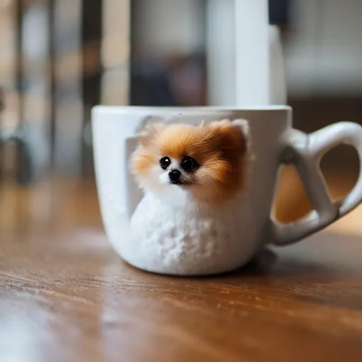 Image similar to extremely tiny pomeranian in a mug