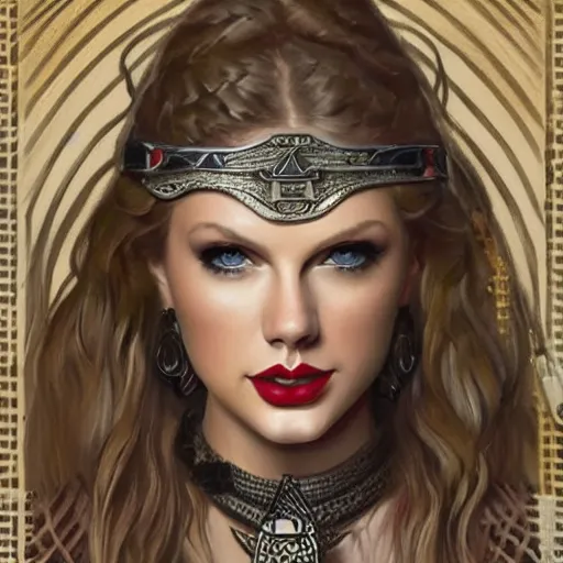 Prompt: portrait of taylor swift as a warrior woman, looking at camera, d & d, choker on neck, stylish armor, intricate, elegant, stylish, fierce look, fantasy, extremely detailed, digital painting, artstation, concept art, smooth, sharp focus, illustration, stunning lighting, art by artgerm and greg rutkowski and alphonse mucha and simon stalenhag.