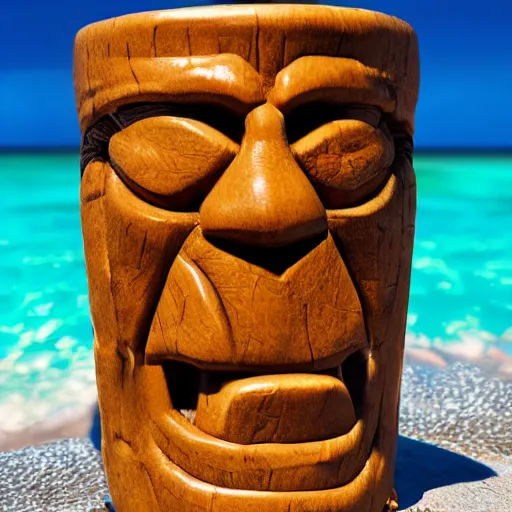 Image similar to a closeup photorealistic photograph of ben grimm's face on a tiki mug at trader vic's beach bar. fantastic four. tiki culture. bright scene. fine detail. this 4 k hd image is trending on artstation, featured on behance, well - rendered, extra crisp, features intricate detail, epic composition and the style of unreal engine.