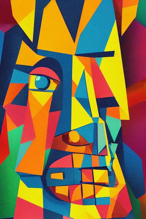 Image similar to cubist moai statue geometric cutout digital illustration cartoon colorful beeple