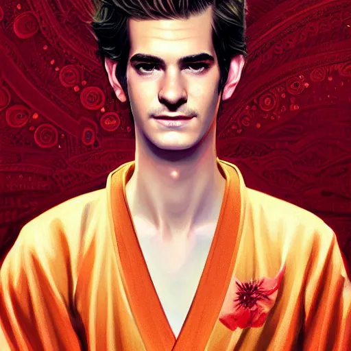 Image similar to colorful Captivating andrew garfield, brown eyes with red eye markers, slim body, wearing a detailed Japanese kimono with golden details, atmospheric lighting, painted, intricate, 4k, highly detailed by Charlie Bowater