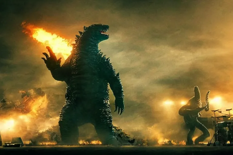 Image similar to godzilla playing the drumset, rock music, concert lights, dynamic photo, still shot from the new godzilla movie