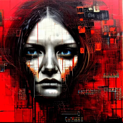 Prompt: hyperrealistic portrait of a determined women with long hair, gritty, cybernetics, digital ui, abstract blocks, by Guy Denning, Russ Mills, glitch art, hacking effects, glitch effects, digital tech effects, chromatic, color blocking!, octane, object centered, oil on canvas, symmetrical, Red, concept art, abstract, trending on artstation