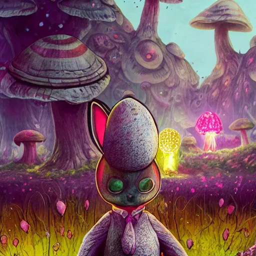 Image similar to 4 k headshot portrait of a psychedelic demonic anthropomorphic bunny rabbit with mushroom themed clothes, magic mushroom village in background. award winning. superb resolution. in the art style of junji ito and greg rutkowski. detailed mushroom city in background. hyper realistic anime. perfect art. dalle 2
