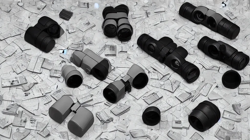 Prompt: infrared corrosive binoculars isometric puzzle game, intricate design binoculars