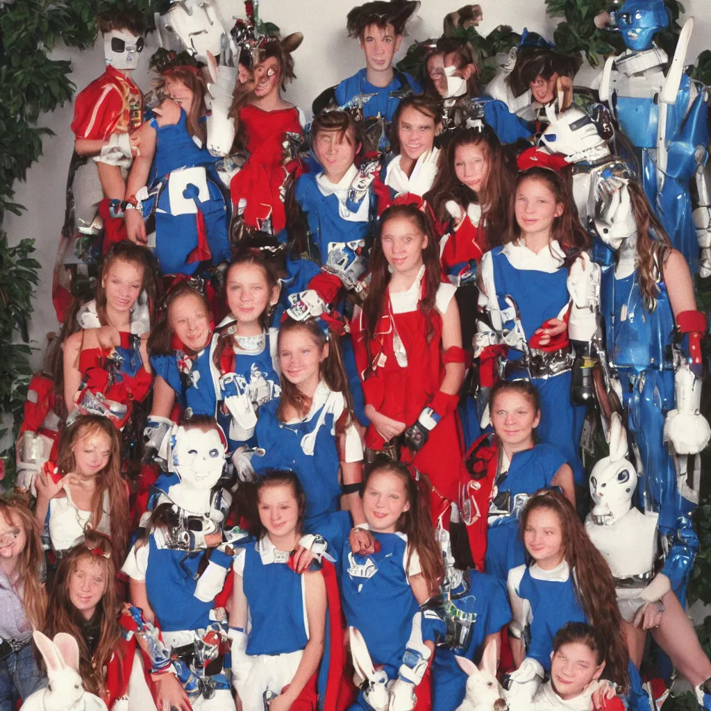 Image similar to 1990s candid photo of a middle school home coming dance portrait with robot warrior rabbits, cinematic, UHD