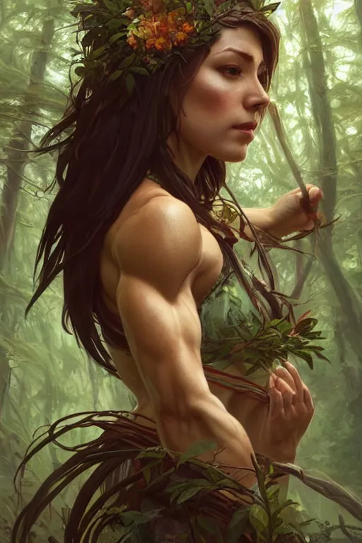 Image similar to female spirit of the forest, highly detailed, digital painting, artstation, concept art, smooth, sharp focus, illustration, unreal engine 5, 8 k, art by artgerm and greg rutkowski and alphonse mucha and ifbb pro fitness photograph