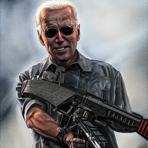 Prompt: joe biden is a terminator shooting a shotgun, cinematic, establishing shot, extremly high detail, photorealistic, cinematic lighting, artstation, style by James Gurney