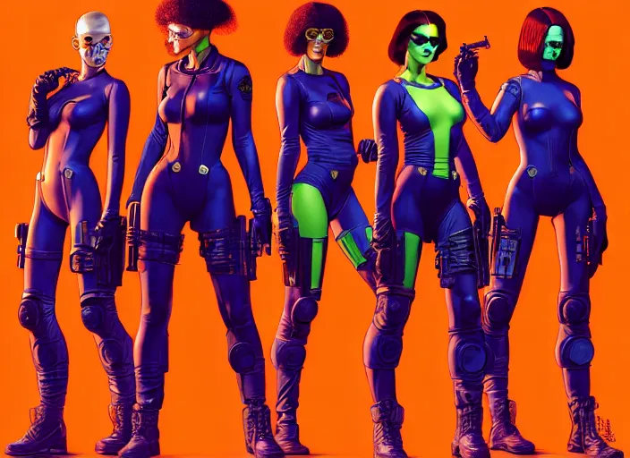 Image similar to cyberpunk hazmat tactical squad. portrait by stonehouse and mœbius and will eisner and gil elvgren and pixar. character design. realistic proportions. cyberpunk 2 0 7 7 character art, blade runner 2 0 4 9 concept art. cel shading. attractive face. thick lines. the team. diverse characters. artstationhq.