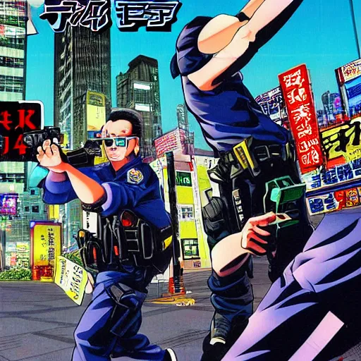 Prompt: 1993 Video Game Cover, Anime Neo-tokyo 4 bank robbers fleeing the scene with bags of money, Police Shootout, MP5S, Highly Detailed, 8k :4 by Katsuhiro Otomo : 8