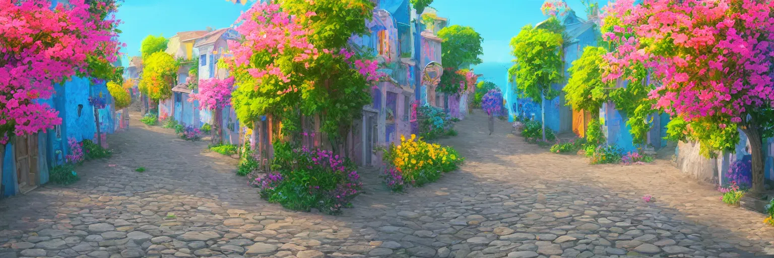 Image similar to a lonely cobblestone street with flowers on a hill with colorful houses near the beach and the sea, brightly illuminated by rays of sun, artstation, colorful sylvain sarrailh illustration, game background